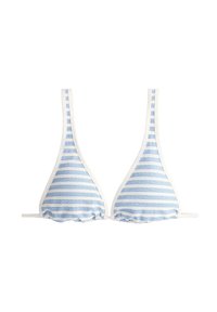 Haut de bikini triangle rayé bleu et blanc à fines bretelles avec un bord inférieur froncé sur chaque bonnet.