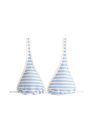 Blue and white horizontally striped triangle bikini top with thin straps and a ruched bottom edge on each cup.
