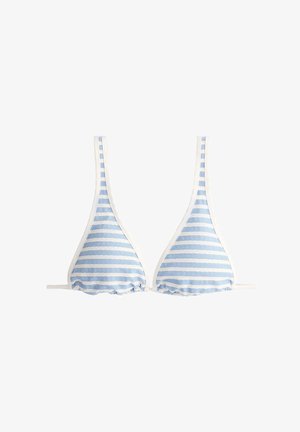 Blue and white horizontally striped triangle bikini top with thin straps and a ruched bottom edge on each cup.