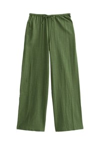 Groene wijdlopende broek gemaakt van lichtgewicht stof; heeft een elastische tailleband met een trekkoord en een subtiele textuur.