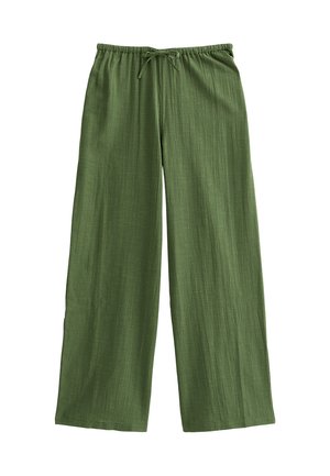 Pantalones de pierna ancha verde hechos de una tela ligera; cuentan con una cinturilla elástica con cordón y un acabado texturizado sutil.
