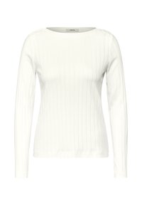 Witte lange mouwen top met een geribbelde textuur, ronde halslijn en een aansluitend ontwerp. Gemaakt van zacht materiaal met minimalistische stijlkenmerken.