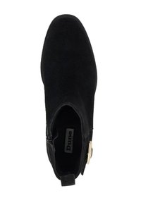 Black suede ankle boot with a rounded toe, side zip closure, and a gold accent. The interior features a branded label.