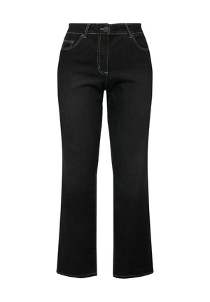 Sorte jeans med høj talje og lige ben, lukkes med knap og lynlås foran, to forlommer og kontrastsyning.