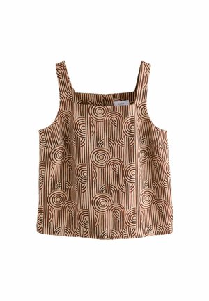 Braun gemustertes Tanktop mit quadratischem Ausschnitt, das kreisförmige und lineare Designs aufweist; weicher Stoff mit strukturiertem Finish.