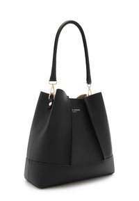 Black leather handbag with a structured design, featuring a smooth texture and gold hardware accents, including a top handle and logo detail.