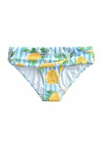 Bikini gaće s uzorkom limuna i cvjetova na svijetloplavoj i bijeloj prugastoj pozadini, s preklopnim strukom i mekanom teksturom.
