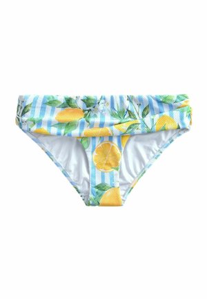 Bikiniunderdel med ett mönster av citroner och blommor på en ljusblå och vit randig bakgrund, med en vikbar midja och mjuk textur.