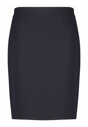 Marineblaue Bleistiftrock aus glattem Stoff, mit taillierter Passform, einem Bund und zwei kleinen Seitentaschen. Keine sichtbaren Muster oder Akzente.
