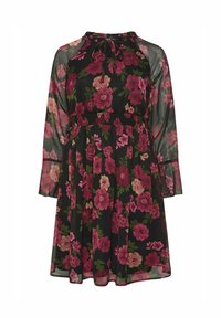 Abito nero floreale con lunghe maniche trasparenti, caratterizzato da grandi fiori rosa e viola, vita arricciata e scollatura rotonda con dettaglio a fiocco.