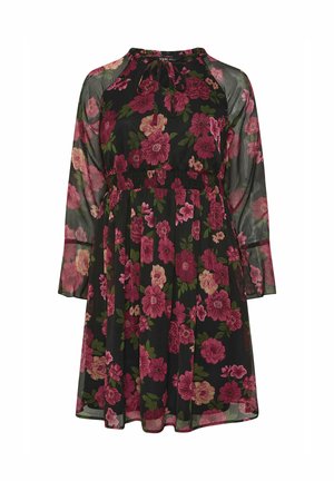 Vestido negro con estampado floral y mangas largas de encaje, adornado con grandes flores rosas y moradas, cintura fruncida y un escote redondo con detalle de lazo.