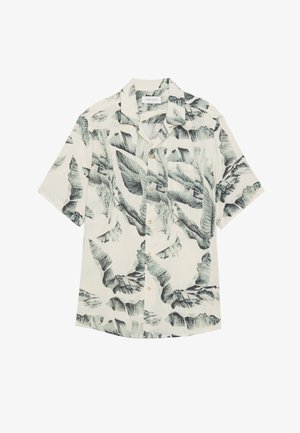 Short-sleeve button-up shirt in cream with green tropical leaf print, featuring a camp collar and subtle texture, finished with cream buttons.