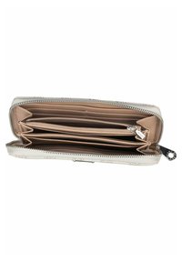 Multi-section wallet in light beige with a textured pattern, featuring zip closure, internal card slots, and a smooth lining.