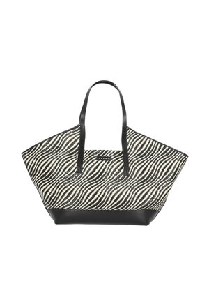 Grande borsa a tracolla con tessuto a stampa zebra bianco e nero, manici in pelle nera e base in pelle nera.