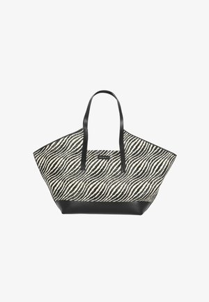 Grande borsa a tracolla con tessuto a stampa zebra bianco e nero, manici in pelle nera e base in pelle nera.