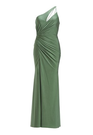 Eén-schouder groene jurk gemaakt van gladde stof met zijkrimping en een schuine band, met een vloerlangen ontwerp en een slanke silhouet.