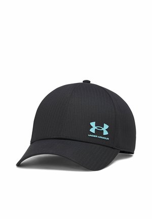 Black Under Armour cap with curved brim and blue logo on front panel against a white background.