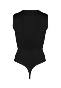 Body nero senza maniche con gamba alta e retro a perizoma. Realizzato in un materiale liscio e elastico. Presenta una scollatura rotonda sul retro.