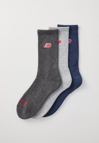 Three pairs of ribbed socks in dark gray, light gray, and navy blue. Each features a small red logo and color-matching accent on the toe.