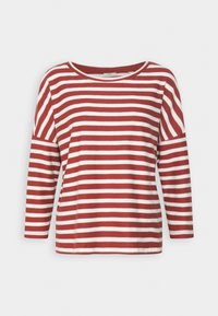 Maglietta a maniche lunghe a righe rosse e bianche con un collo ampio e una vestibilità rilassata. Realizzata in tessuto morbido ed elasticizzato; presenta righe orizzontali.