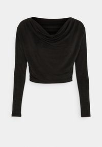 Schwarzes, langärmeliges Cropped-Top mit Cowl-Ausschnitt und glattem, dehnbarem Stoff. Keine Muster oder sichtbare Beschläge.
