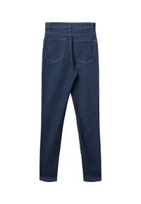 Ciemnoniebieskie jeansy slim fit pokazane z tyłu, z dwoma tylnymi kieszeniami, szlufkami na pasek i widocznymi detalami przeszycia.