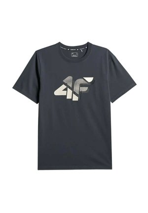 Ciemnoszara koszulka z krótkim rękawem i okrągłym dekoltem, z dużym stylizowanym logo "4F" w białym i jasnoszarym kolorze na piersi.