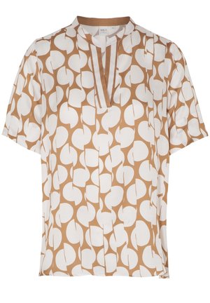 Beige Bluse mit kurzen Ärmeln, weißem abstraktem Kreis-Muster und V-förmigem Ausschnitt.