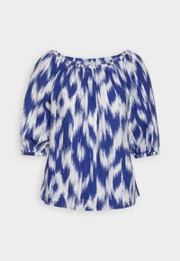 Blusa off-the-shoulder con un motivo ikat blu e bianco, maniche a sbuffo e vestibilità morbida. Realizzata in tessuto leggero.