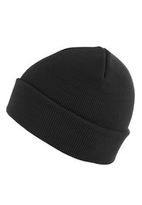 Black knit beanie hat with a folded cuff, featuring a ribbed texture and seamless design, suitable for cold weather wear.