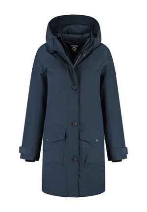 Marineblauwe winterjas met capuchon, vooraan voorzien van knopen, rits, twee opgeplakte zakken en verstelbare mouwbanden.