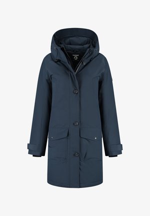 Marineblauwe winterjas met capuchon, vooraan voorzien van knopen, rits, twee opgeplakte zakken en verstelbare mouwbanden.