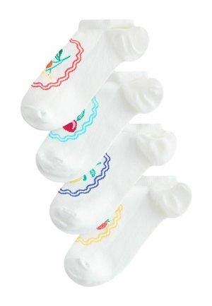 Keturios poros baltų kulkšninių kojinių, kiekvienos viršuje spalvingas banguotas apskritimas su mažais vaisių arba gėlių motyvais.