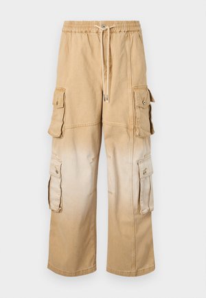 Bežové cargo nohavice s elastickým pásom a šnúrkou. Obsahujú niekoľko bočných vreciek. Postupný ombré efekt od svetlej po tmavú béžovú.