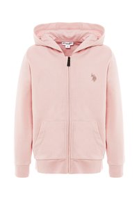 Felpa con cappuccio rosa chiaro con zip, realizzata in tessuto morbido; dispone di cappuccio, due tasche frontali, polsini a coste e un piccolo logo ricamato.