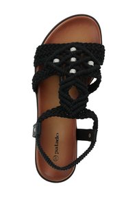 Zwarte touwsandalen met gevlochten banden en zilverkleurige accentparels, een leren browne binnenzool en een verstelbare enkelband.