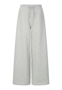 Pantaloni della tuta a gamba larga grigio chiaro realizzati in tessuto morbido, con vita elastica e cordoncino. Texture liscia, senza motivi visibili.