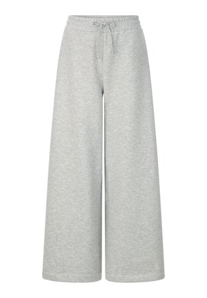 Pantalons de survêtement larges gris clair en tissu doux, dotés d'une taille élastique avec cordon de serrage. Texture lisse, sans motifs visibles.