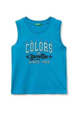 Sleeveless blue tank top with "United Colors of Benetton Since 1965" printed in white and black on the front.