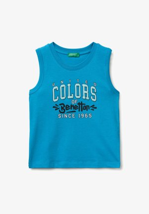 Débardeur bleu sans manches avec l'inscription "United Colors of Benetton Since 1965" imprimée en blanc et noir sur le devant.