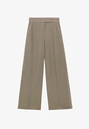 Beige bukser med høj talje og brede ben, pyntet med bølget kant langs siderne og taljebåndet, med en frontplissé og skjult lukning.