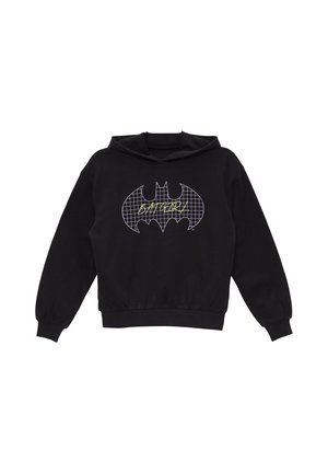 Sweat à capuche noir avec un logo Batgirl à motif quadrillé et un texte jaune « BATGIRL » sur la poitrine, manches longues et poignets côtelés.