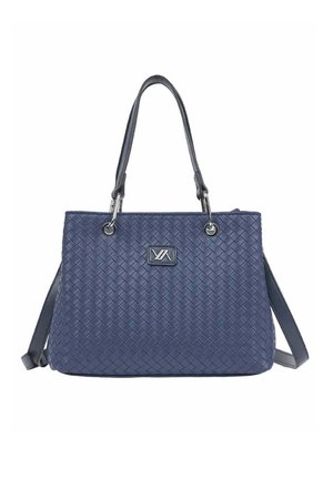 Sac à main en cuir tressé bleu marine avec doubles poignées supérieures, quincaillerie argentée et petite plaque logo rectangulaire au centre.