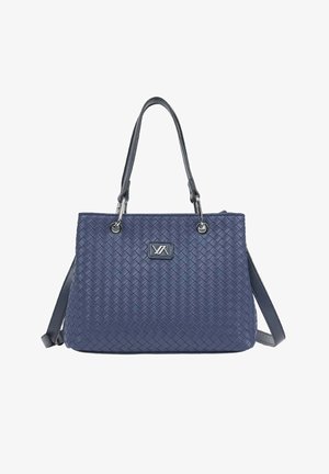 Sac à main en cuir tressé bleu marine avec doubles poignées supérieures, quincaillerie argentée et petite plaque logo rectangulaire au centre.