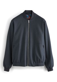 Ciemnoszara kurtka bomberka o fakturowanej powierzchni, z zamkiem z przodu, ściągaczowym kołnierzem i mankietami oraz bocznymi kieszeniami; podszewka w kwiatowy wzór.