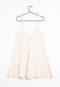 Vestido sin mangas de color rosa claro con escote en V y corte en la espalda, hecho de una tela suave, con una silueta A relajada y tirantes finos.