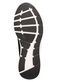 Black athletic shoe sole with rubber grip patterns, white midsole, size marked as 38, textured surface for traction.