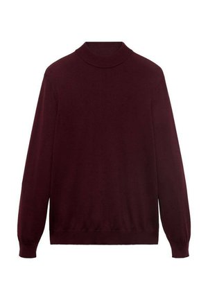 Pull longiligne bordeaux foncé à manches longues avec un col montant et des poignets et un ourlet côtelés, présenté à plat sur un fond blanc.