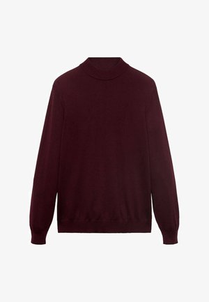 Dark burgundy long-sleeve sweater with a mock neck and ribbed cuffs and hem, displayed flat against a white background.