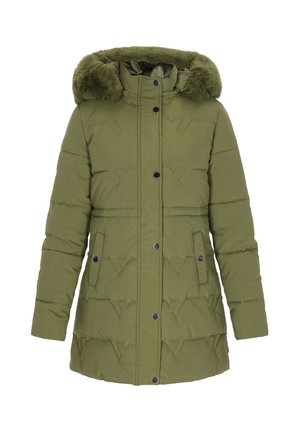 Olivově zelený zateplený kabát s kapucí lemovanou kožešinou, patentkami a horizontálním prošíváním. Má boční kapsy a detail s emblémem.